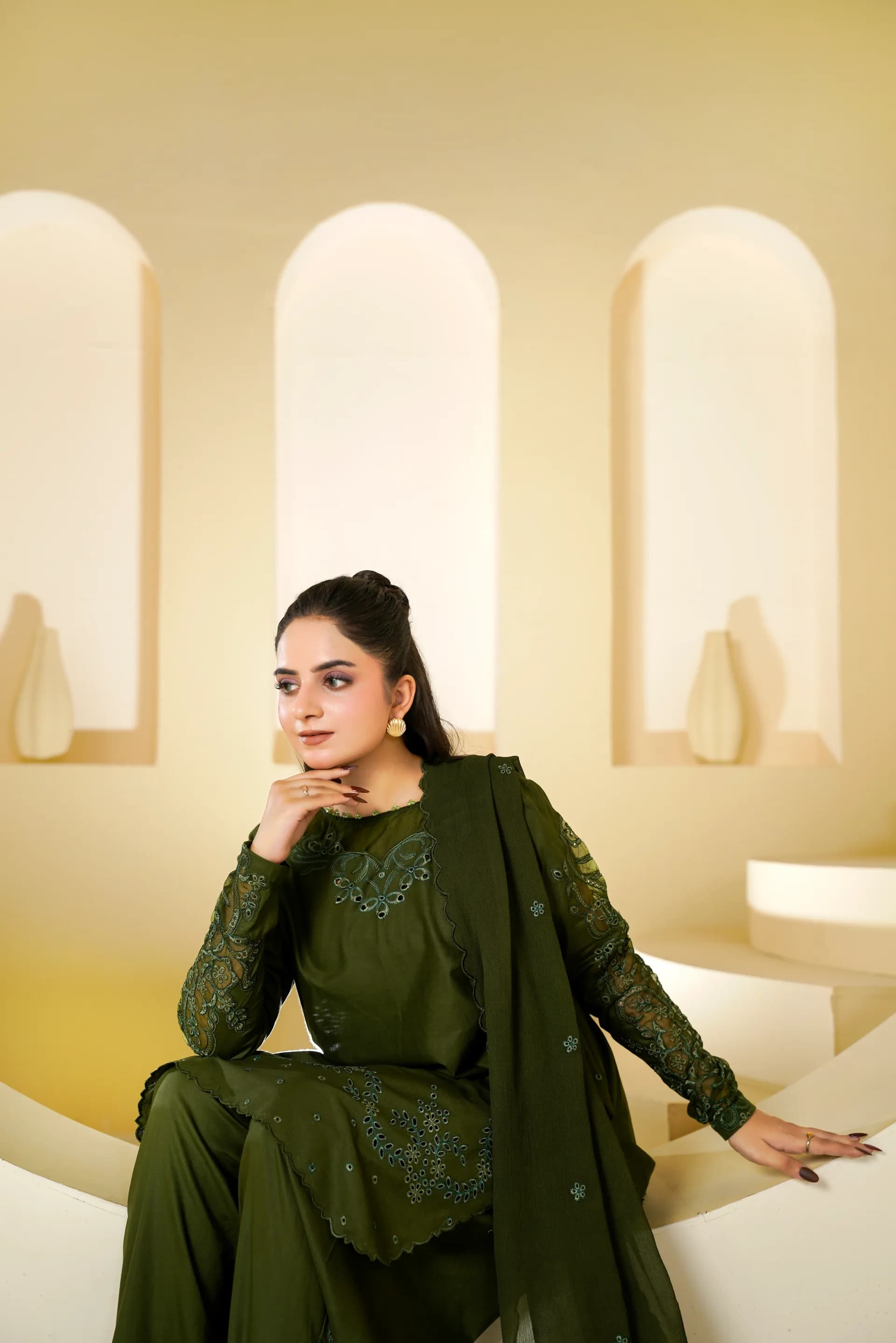 ZS-1263 Olive Green Embroidered Lawn