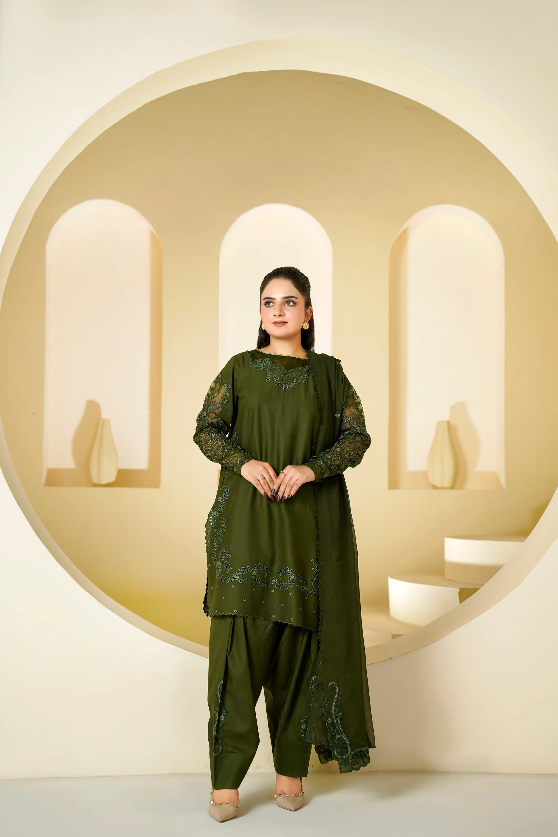 ZS-1263 Olive Green Embroidered Lawn - 0-piece suit
